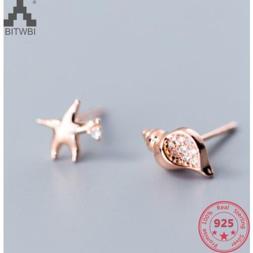 925 Sterling Silver Earrings Female Korean Asymmetrical Starfish Conch Earrings Temperament Star Ear Jewelry