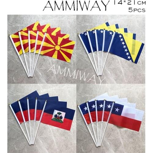 AMMIWAY 14x21cm 5pcs Macedonia Bosnia and Herzegovina Small Waving National Flag with Plastic Flagpole Haiti Chile Hand Flag