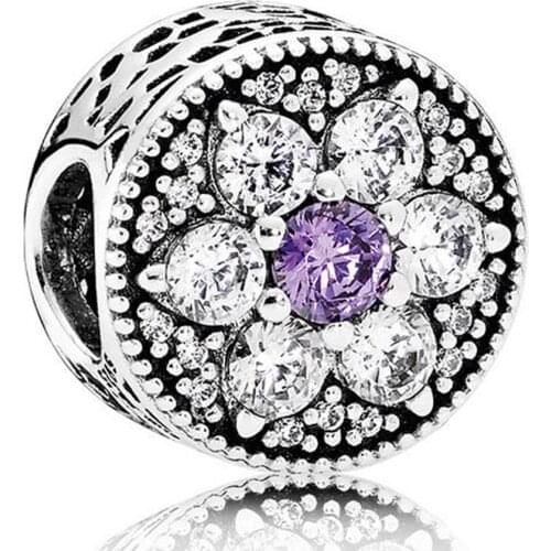Authentic S925 Bead Forget Me Not Charms for Pandora Bracelet Bangle Girl Gift Purple & Clear CZ