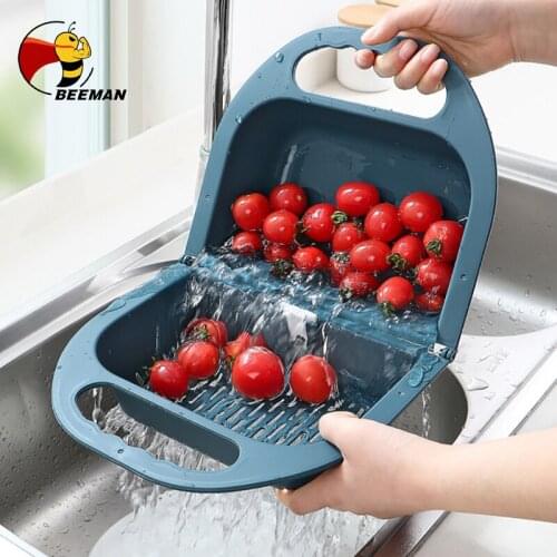 BEEMAN Folding Drain Basket Leaking Fruit Box Vegetable Container Drain Rack Sink With Handle Storage Baskets Tools Kitchen Tool