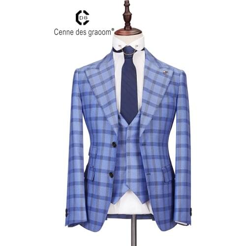 2020 Cenne Des Graoom New Men Suit Plaid Double Breasted 3 Pieces Slim Fit High Quality Blue Wedding Party Costume Groom DG-LOVE