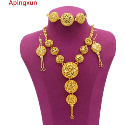 Dubai 24K Gold Color/Copper Necklace&Bracelet&Earrings Jewelry Set For Women Bridal Wedding Ethiopian/African/Arab Party Gifts