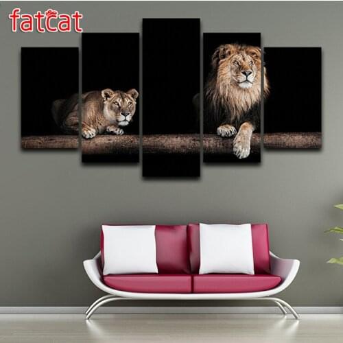 FATCAT 5 Panel Poster Animal Lions Diy Diamond Painting Full Square Round Drill Diamond Embroidery Sale Home Decoration AE933
