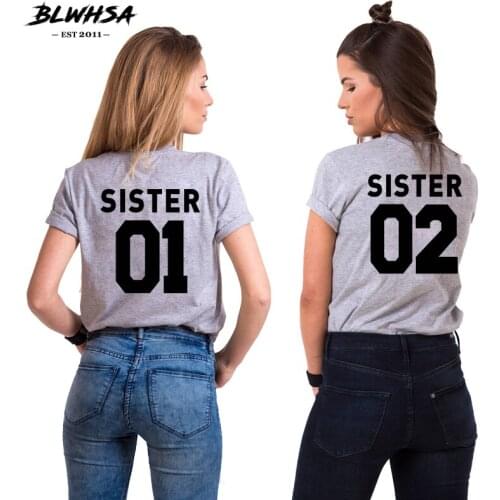BLWHSA Sister Print T Shirt Women Sister 01 Sister 02 Slogan T-shirt 100% Cotton Fashion Summer Womens Best Friend Gift Top Tee