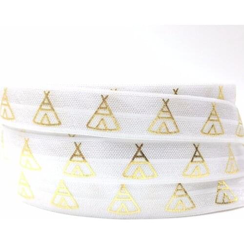 Good Sale 5/8" Teepee Print White Fold Over Elastic Gold Foil FOE for Hair Tie Bracelet DIY Headwear Hair Accessory 10 yards/lot