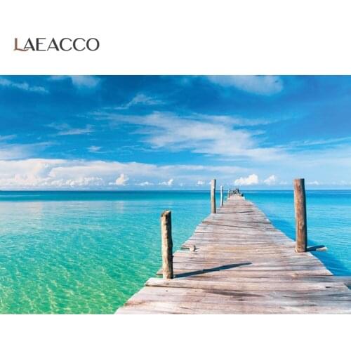 Laeacco Blue Sea Wooden Bridge Photography Backdrop Natural scenery Blue Sky Clouds Summer Holiday Photo Background Photo Studio
