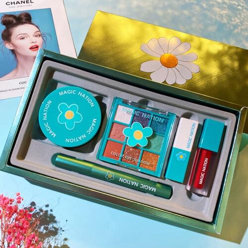 5Pc Daisy Makeup Set Velvet Lipstick Sexy Red Lip Glaze Eyeshadow Palette Bushy Black Mascara Setting Loose Powder Kit Cosmetics