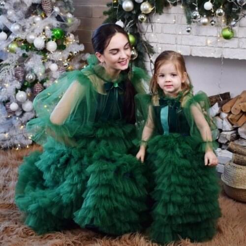 A-Line Tiered Pleated Ruffled Mommy & Me Tulle Dress Women Kids Full Sleeves Long Tulle Skirt Dresses Mother & Daughter Wear
