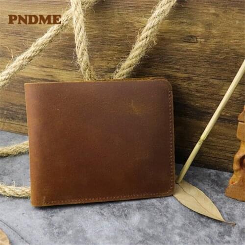PNDME Vintage Genuine Leather Business Small Wallet Fashion Crazy Horse Leather Top Layer Cowhide Multi-Card Wallet