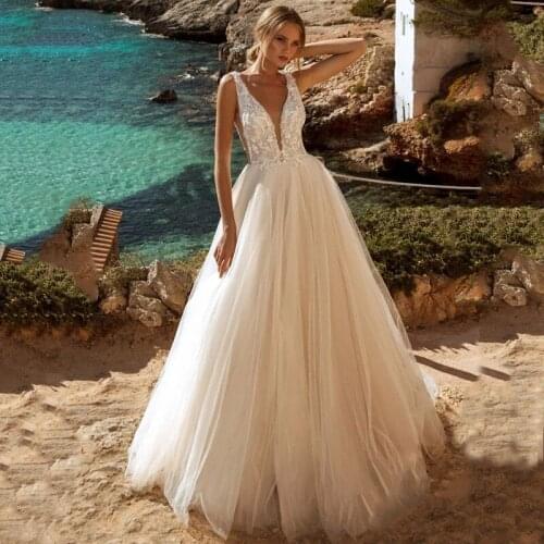 Sexy Deep V-neck Light Wedding Dress 2021 Lace Backless A-line Princess Luxury Wedding Dresses Robe De Marie Plus Size