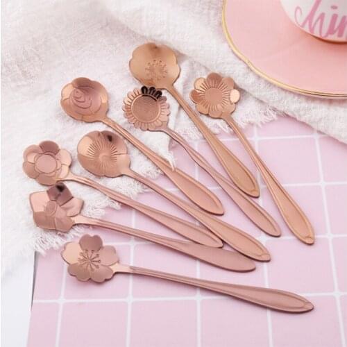 50pcs/ lot rose gold color stainless steel tablespoon 8 flower designs dessert tea ice cream coffee spoon