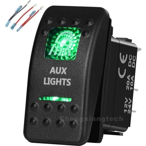Green Led Printed Rocker Switch Aux Lights 5P on-off SPST 12V/20A 24V/10A+Jumper Wires Set for Car Boat Trucks Waterproof