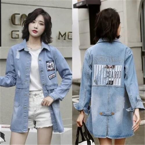 Loose Spring And Autumn Light Blue Denim Jacket Womens 2021 New Mid-Length All-Match Outwear Single-Breasted Jeans Coat L502