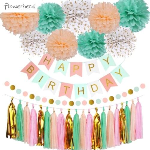 Mint Green Peach Birthday Party Decorations for Women Girls Happy Birthday Decor Party Supplies Banner Pom Gold Tassel Garland