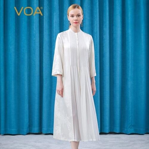 VOA Jacquard White Silk Heavy 31m/m Material Tucker Pleat Georgette Single-breasted Semi-high Collar Trench Fashion Coats FE107