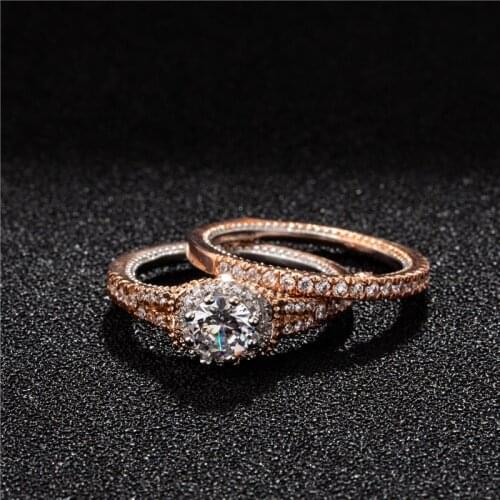High Quality Milangirl 2pcs/Set Classic White Zirconia Rose Gold Color Zinc Alloy Ring Set for Women Party Wedding Jewelry