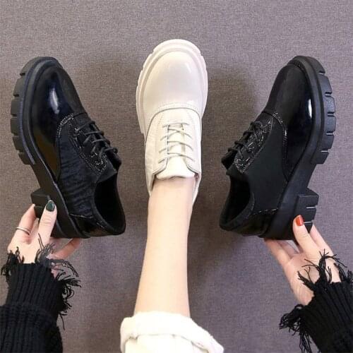 Womens Oxford Shoe PU Leather Thick Bottom Patchwork Lace-Up Shallow Female Single Shoe Vintage Leisure Ladies Footwear Fashion