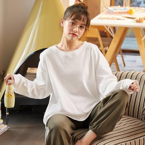 2020 Womens Spring And Autumn Solid Long Sleeve Cotton Summer Relax Thin Girls White Household Suit