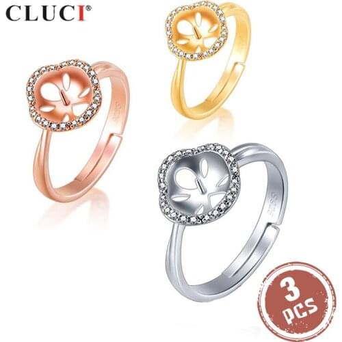 CLUCI 3pcs Silver 925 Flower Pearl Ring Mounting Adjustable Zircon Jewelry Women 925 Sterling Silver Rings Jewelry SR2208SB