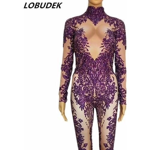 3 Colors Sparkly Rhinestones Skinny Jumpsuit Nightclub Stage Women DJ Singer Costume Bar Party Show Models Catwalk Host Bodysuit