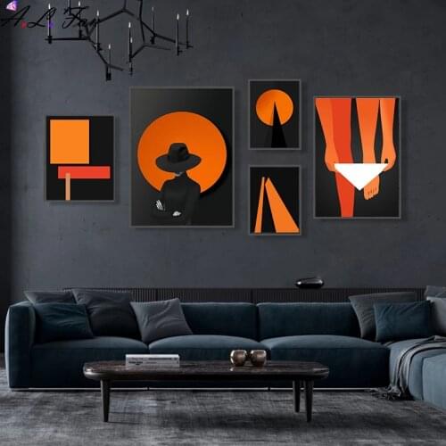 Abstract clip art man with black hat canvas painting posters print black orange wall art pictures for living room bedroom corrid