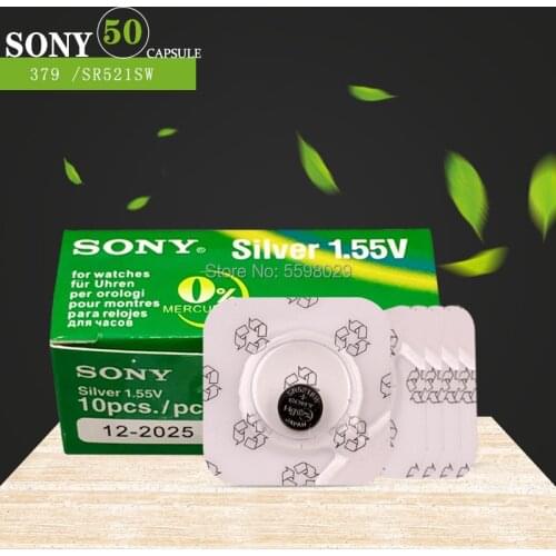 SONY 50Pcs/Lot Single grain packing Silver Oxide Watch Battery 379 SR521SW 521 1.55V LR521 Bottun Cell Batteries