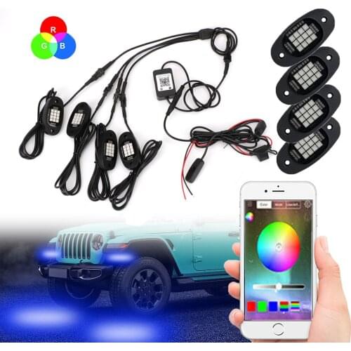 12V Bluetooth Car RGB Lights LED Underbody Neon Rock Ambient Lamp Flashing Automobile Accessories For Jeep Wrangler Off Road 4x4