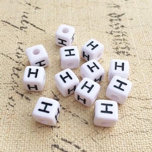 Free Shipping 100PCS/Lot 10*10MM Cube White with Black Printing Letter H Alphabet Letter Beads Square Plastic Initial Beads