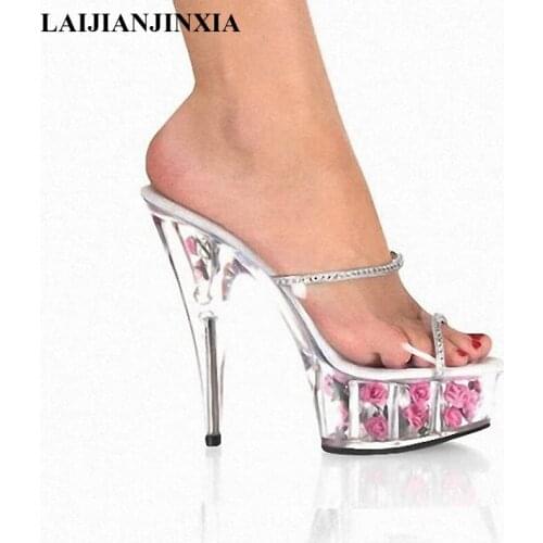 6 Inch Flower Crystal Shoes Romantic Rose Bride Wedding Shoes 15cm Ultra High Heels Platform Full Transparent Crystal Slippers