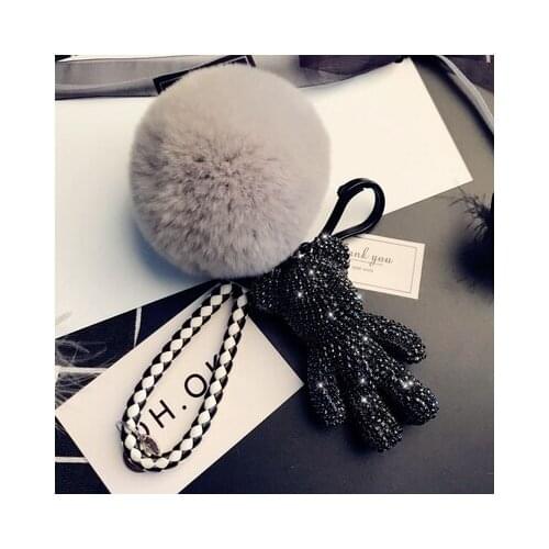 Bomgom Crystal Popobe Gloomy Bear Strass Keychain Car Key Holder Bag Charm Holder Fur Pom pom Leather Key Chain Key Ring Pendant