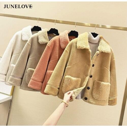 JuneLove Winter Thicken Warm Teddy Fur Jacket Coat Women Casual Fashion Lamb Faux Fur Overcoat Fluffy Cozy Loose Lady Outerwears
