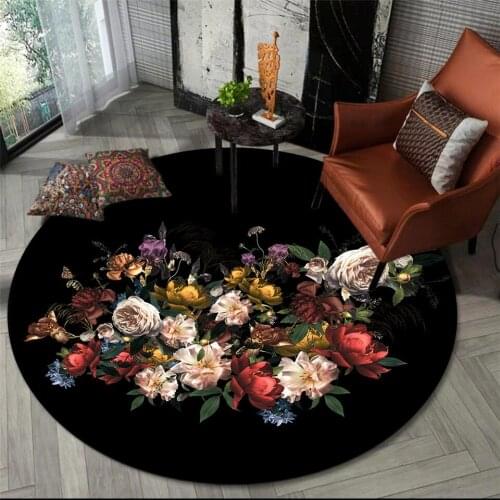 Classic Retro Floral Black Carpet Round for Bedroom Area Rug Coffee Table Living Room Chair Floor Mat Bedside Mat Hallway Decor