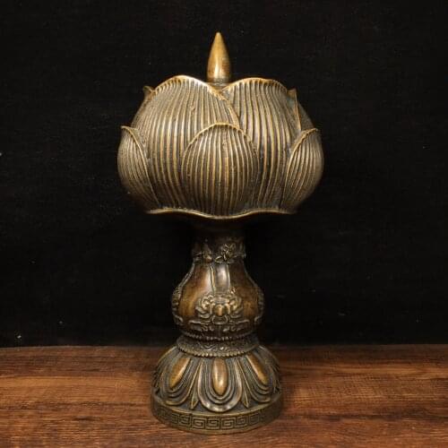 10"Tibet Temple Collection Old Bronze Baolian Lantern Wax table lotus Incense burner Town House Exorcism Ward off evil spirits