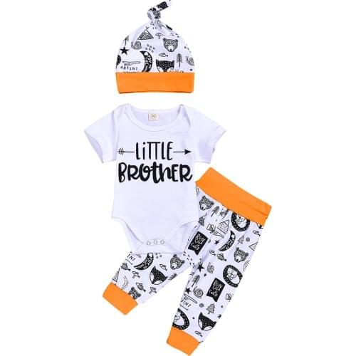 0-18M Baby Boys Little Bro Clothes Set Soft Romper Tops Animals Pants Hat 3Pcs Spring Autumn Clothing Outfits