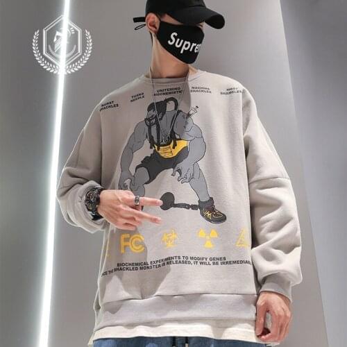 Men Fashion Loose Print Fleece Heavyweight Casual Pollover Hip Hop Sweatshirts