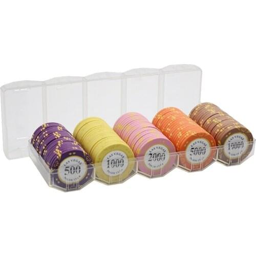 100Pcs LAS VEGAS Poker Chips Set With Box 14g Caly Casino Metal Crown Design Clay Poker Chips Inner Metal With Trim Sticker