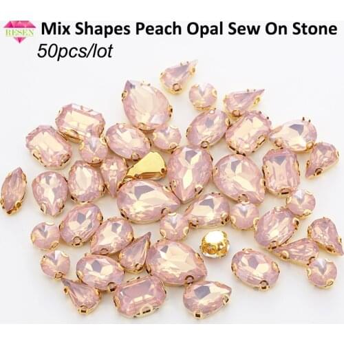 RESEN 50PCS Mix Shapes Champagne Sew On Stones With Gold Bottom Claw Set Peach Opal Rhinestones DIY Clothing Accessories