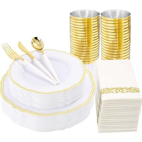 70 Disposable Tableware White Plastic Plate With Gold Rim and Plastic Cutlery White Napkin Set Suitable for Weddings and Parties