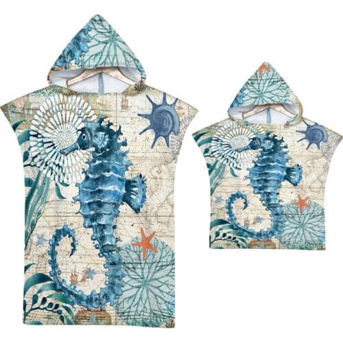 3D Printed Ocean World Parent-child Bath Beach Towel Microfiber Hooded Robe Towel Poncho for Swimming Beach Surf Bathrobe Beachw
