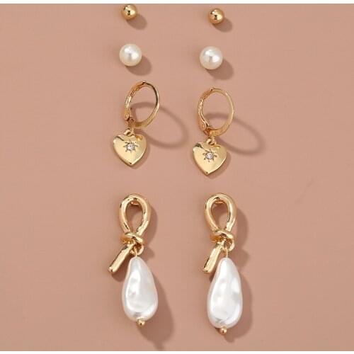 Copper Gold Color Heart Metal Stud Simulated Pearl Bead Charms Earrings Set Fashion Brand Women Jewelry Earings