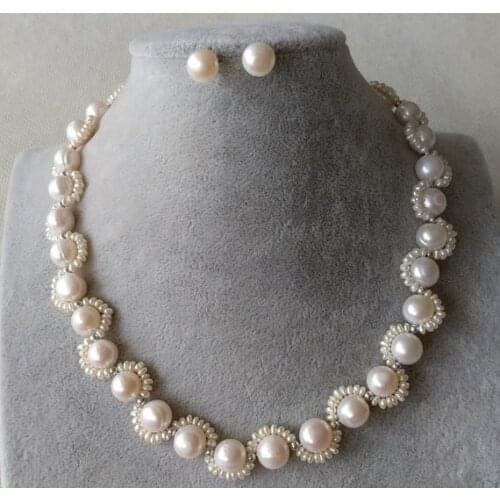 Unique Pearls jewellery Store White Color 2 Strands 2-10mm Freshwater Pearl Necklace Earrings Jewellery Set