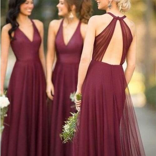 Gorgeous Long Halter Burgundy Silk Chiffon Wedding Guest Dresss Bridesmaid Dresses 2021