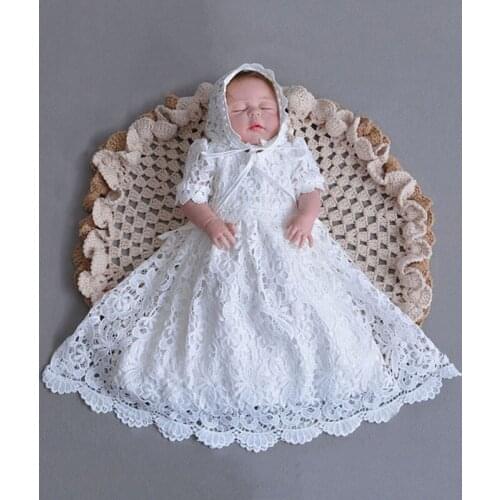 Baby Girls Off White Baptism Dress Short Sleeve Hollow Flower Embroidery Vintage Christening Gown with Hat for Newborn Girl 6M