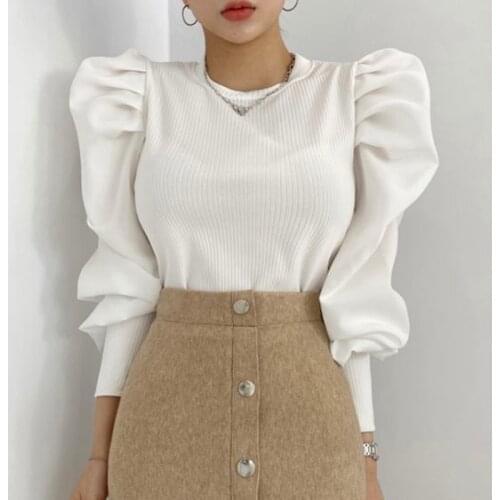 ZCSMLL Korean autumn summer pullover temperament round neck pullover pit strip stitching design pleated puff sleeve T-shirt top