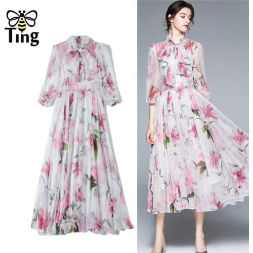 Tingfly Designer Runway Pink Lily Flower Print Chiffon Party Dresses Women Elegant Bowknot Summer Midi Long Dresses Zaful Traf