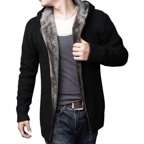 Winter men knit jacket fashion mens Wool Velvet lining zip Cardigan high quality thick Solid color warm hooded Sweater outerwear