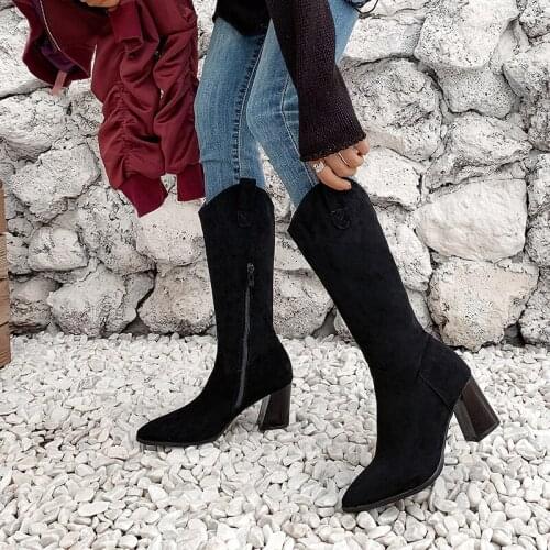 Star size womens high heel long tube pointed elastic Boots New thick heel thin leg Plush boots in autumn and winter 2019