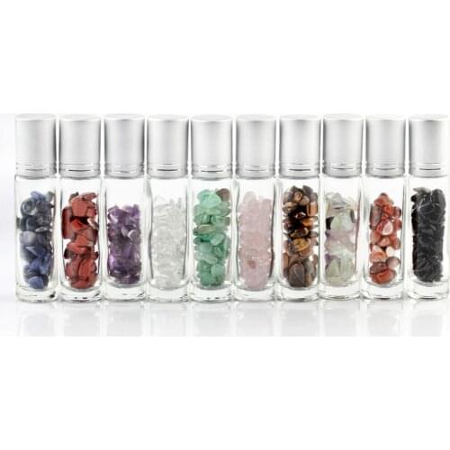 10 pcs Refillable Clear Glass Essential Oil Perfume Bottles Natural Stone Rollerball Irregular Crystal Chips Reiki Healing Care