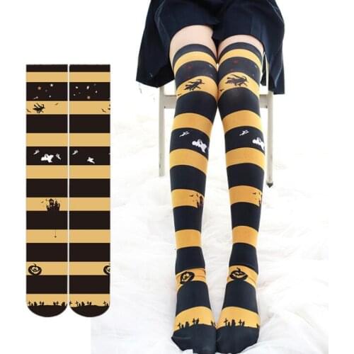 2 Patterns Halloween Theme Castle Bat / Striped Pumpkin Super Cute Over-knee Stockings Velvet Women Girls Harajuku
