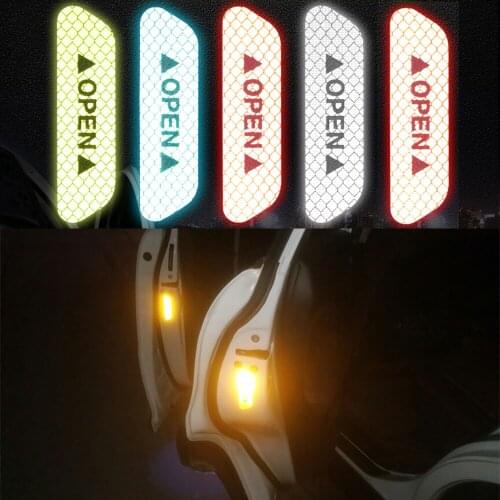 4Pcs Car Door Stickers Universal Safety Warning Mark OPEN High Reflective Strips Fluorescent Tape Motorcycle Bike Helmet Sticker
